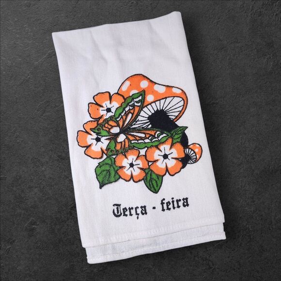 Vintage Terça-feira Mushroom Tea Towel Tuesday Day of Week Orange Flowers Linen - Picture 1 of 6